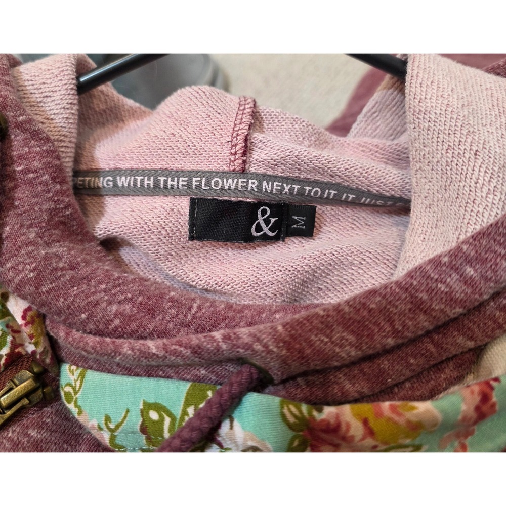 Ampersand Avenue Womens Floral Raglan Double Hood Hoodie Burgundy Mint Medium - Picture 3 of 5